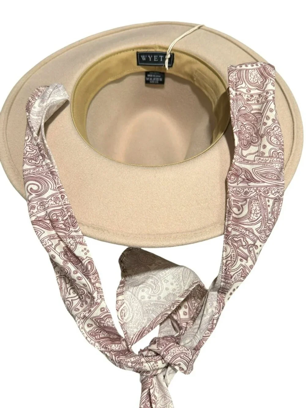 Wyeth Beige Wool Hat With Paisley Scarf Detail Wide Brim New